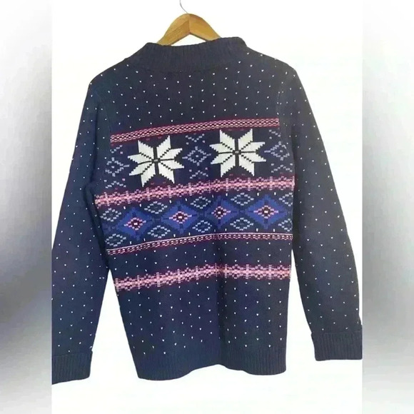 Lands’ End Women’s Navy Blue Fair Isle Button Up Cardigan Medium Wool Blend - Picture 3 of 9